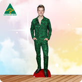 Cardboard standee of a man wearing a green zebra print outfit with 'Australian Made' logo on a colorful background.